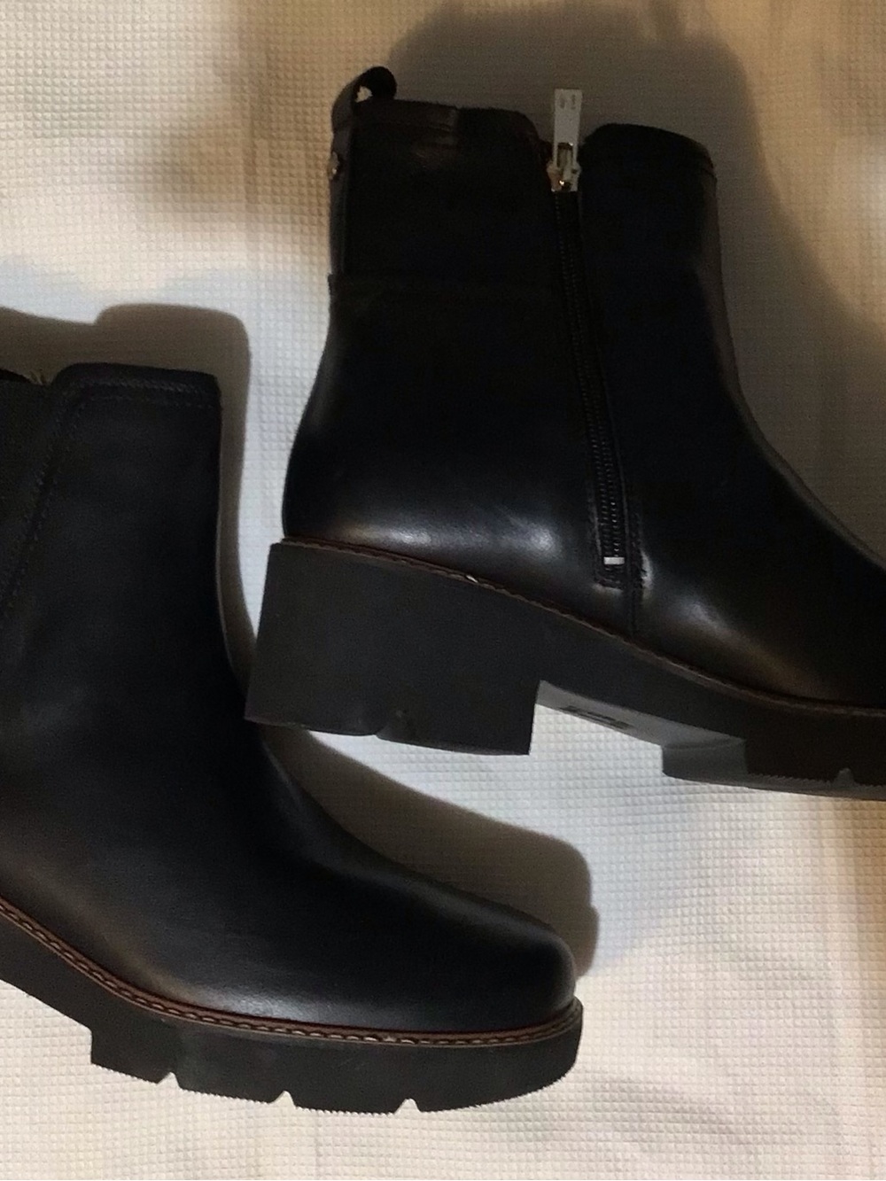 Women's Black Leather Lug-Sole Ankle Boots with Side Zip